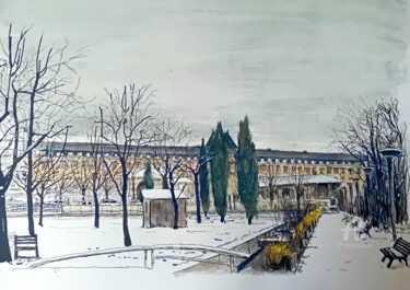 Painting titled "Parc Pinel sous la…" by Khaled Guemroud, Original Artwork, Watercolor Mounted on Cardboard