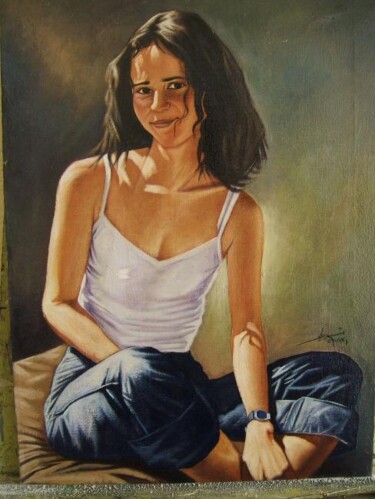 Peinture intitulée "Jeune française" par Khalid Chriki, Œuvre d'art originale