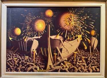 Painting titled "Ships Manufacturing" by Khalil Hassan Khalil, Original Artwork, Oil