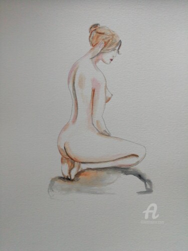 Dessin intitulée "Femme sur rocher" par Kham H, Œuvre d'art originale, Aquarelle