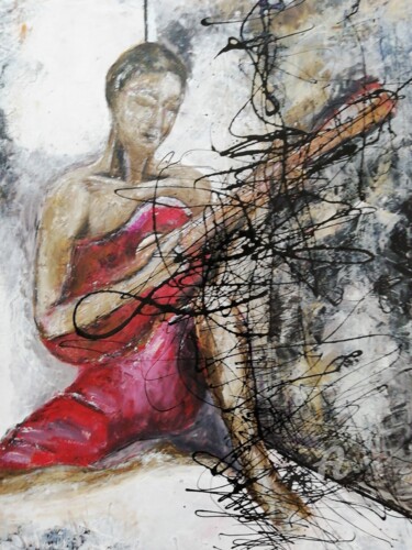 Painting titled "Dripping Guitariste" by Kham H, Original Artwork, Acrylic