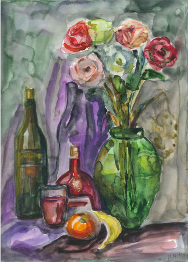 Картина под названием "розы  в  зеленой  в…" - Жанна Митин, Подлинное произведение искусства, Акварель