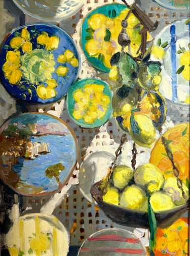 Painting titled "Amalfi lemons" by Khanlar Asadullayev, Original Artwork, Oil Mounted on Cardboard