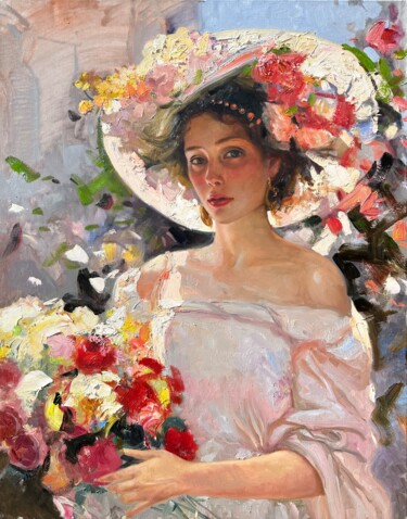 Картина под названием "Woman with flowers" - Khanlar Asadullayev, Подлинное произведение искусства, Масло