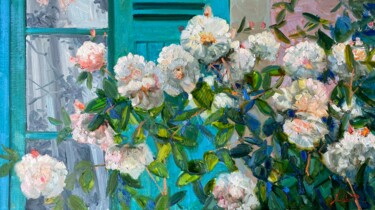Pittura intitolato "White Roses" da Khanlar Asadullayev, Opera d'arte originale, Olio