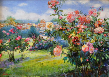 Painting titled "Flowers in the City" by Khanlar Asadullayev, Original Artwork, Oil