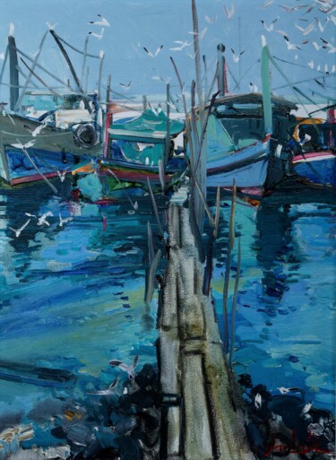 Painting titled "Boats and Birds" by Khanlar Asadullayev, Original Artwork, Oil Mounted on Cardboard