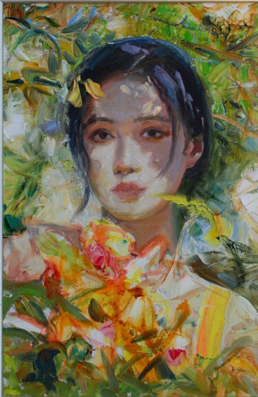 Pintura intitulada "Girl With Flowers" por Khanlar Asadullayev, Obras de arte originais, Óleo