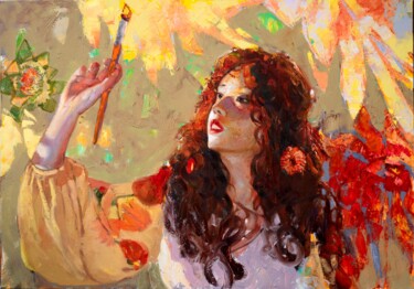 Pintura intitulada "Sunflower Girl" por Khanlar Asadullayev, Obras de arte originais, Óleo