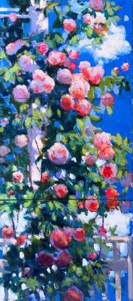 제목이 "Roses and Summer Sky"인 미술작품 Khanlar Asadullayev로, 원작, 기름 판지에 장착됨