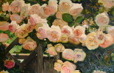 Painting titled "Pink roses" by Khanlar Asadullayev, Original Artwork, Oil