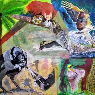 Painting titled "Action Bird's diffe…" by Nadim Ahmed Khan, Original Artwork, Acrylic