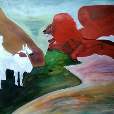 Painting titled "Flying Lion attacki…" by Nadim Ahmed Khan, Original Artwork, Acrylic