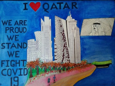 Zeichnungen mit dem Titel "Qatar fight against…" von Nadim Ahmed Khan, Original-Kunstwerk, Gel Stift