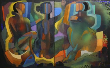 Painting titled "The three graces. B…" by Zaza Kharabadze, Original Artwork, Oil Mounted on Wood Stretcher frame