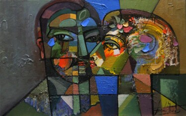 Painting titled "Lovers" by Zaza Kharabadze, Original Artwork, Oil Mounted on Wood Stretcher frame