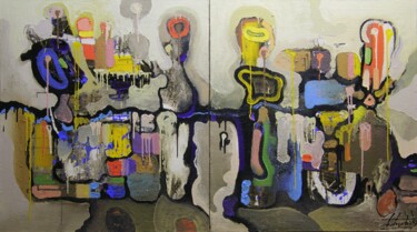 Schilderij getiteld "Cafe. Diptych" door Zaza Kharabadze, Origineel Kunstwerk, Olie Gemonteerd op Frame voor houten brancard