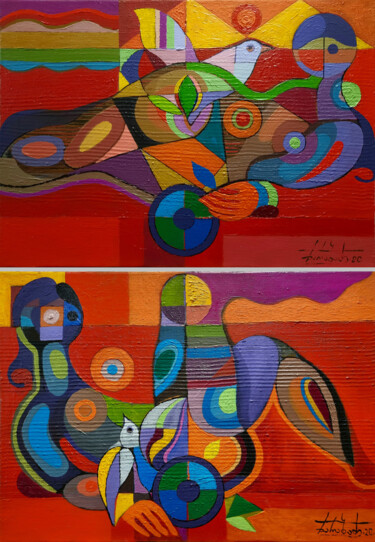 Painting titled "Heat. Diptych" by Zaza Kharabadze, Original Artwork, Oil Mounted on Wood Stretcher frame