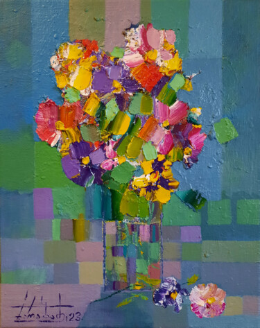 Painting titled "Garden violets" by Zaza Kharabadze, Original Artwork, Oil Mounted on Wood Stretcher frame