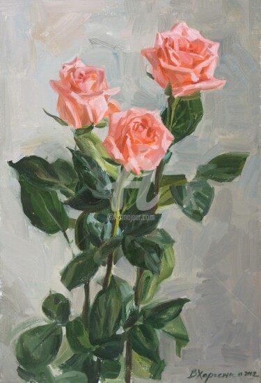 Картина под названием "Pink roses" - Valeriy Kharchenko, Подлинное произведение искусства