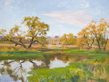 Painting titled "Green banks" by Valeriy Kharchenko, Original Artwork, Oil