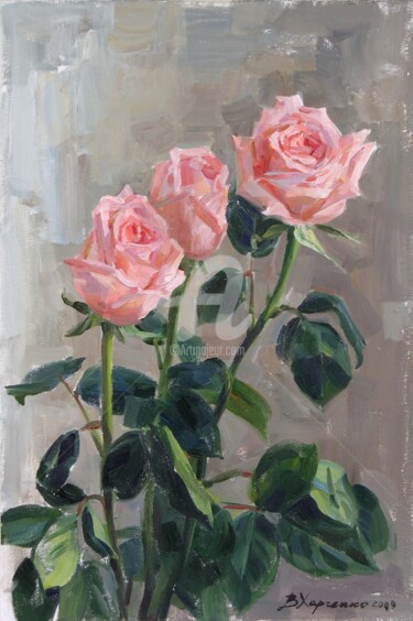 Pittura intitolato "Tender roses" da Valeriy Kharchenko, Opera d'arte originale, Olio