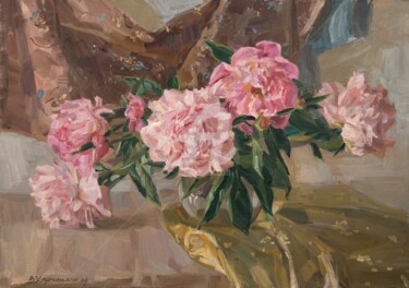 Painting titled "Pink peonies" by Valeriy Kharchenko, Original Artwork, Oil