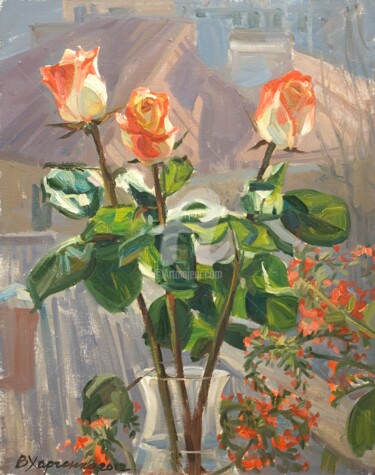 Картина под названием "Bright roses" - Valeriy Kharchenko, Подлинное произведение искусства, Масло