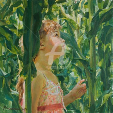 Malerei mit dem Titel "Green forest of corn" von Valeriy Kharchenko, Original-Kunstwerk, Öl