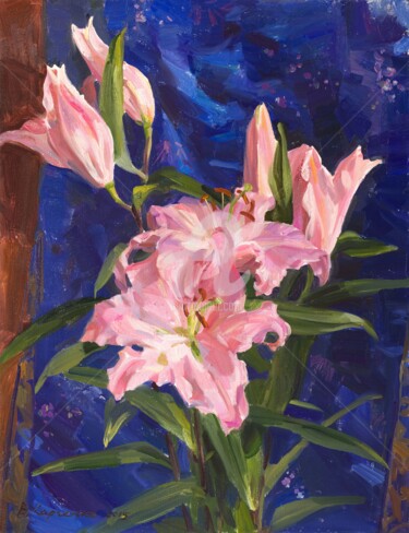 Картина под названием "Pink lilies and Chi…" - Valeriy Kharchenko, Подлинное произведение искусства, Масло