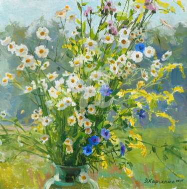 Painting titled "Camomiles in the sun" by Valeriy Kharchenko, Original Artwork, Oil