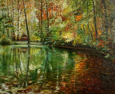 Painting titled "Осенний пруд" by Valerii Semenikhin, Original Artwork, Oil Mounted on Wood Stretcher frame