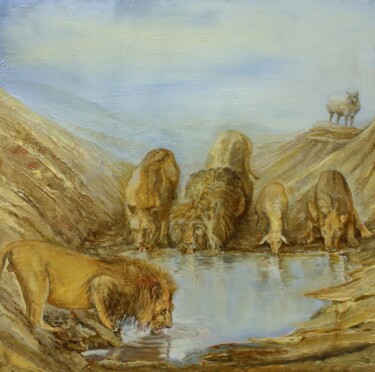 Картина под названием "Водопой (Мир вашему…" - Валерий Семенихин, Подлинное произведение искусства, Масло Установлен на Дере…