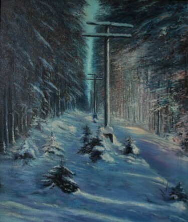 Painting titled "Телеграфная линия" by Valerii Semenikhin, Original Artwork, Oil Mounted on Wood Stretcher frame
