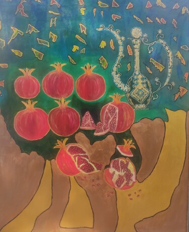 Schilderij getiteld "Гранатовое дерево и…" door Khayrullina Venera Akhatovna (VeraKhay), Origineel Kunstwerk, Olie