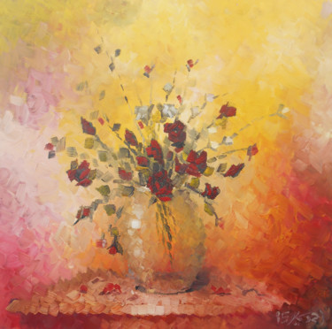 Картина под названием "glass-vase-roses" - Kheder, Подлинное произведение искусства, Масло