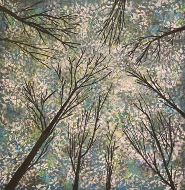 Painting titled "UNDER TREES #1" by Khélène, Original Artwork, Acrylic Mounted on Wood Stretcher frame