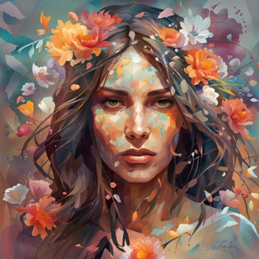 Arte digital titulada "FILLE AUX FLEURS #9" por Khélène, Obra de arte original, Pintura Digital Montado en Bastidor de camil…