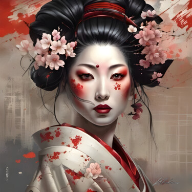 Digital Arts titled "GEISHA #7" by Khélène, Original Artwork, Digital Painting Mounted on Wood Stretcher frame