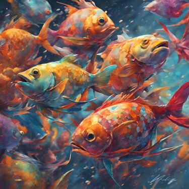 Arte digitale intitolato "POISSONS #1" da Khélène, Opera d'arte originale, Pittura digitale Montato su Telaio per barella in…