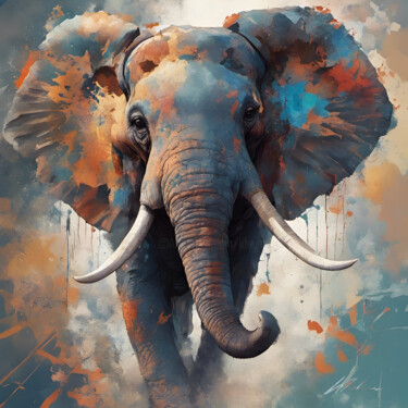 Digital Arts titled "ELEPHANT #2" by Khélène, Original Artwork, Digital Painting Mounted on Wood Stretcher frame