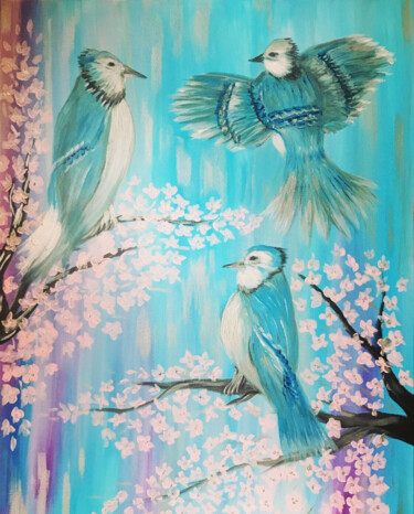Painting titled "Three Blue Jays" by Kholoud Androwis, Original Artwork, Acrylic