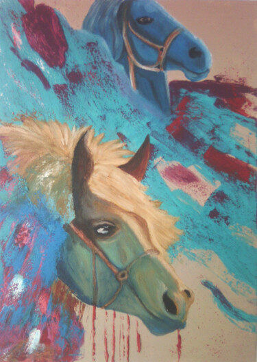 Malarstwo zatytułowany „horses” autorstwa Χρηστος Παπαναστασίου, Oryginalna praca, Akryl Zamontowany na Drewniana rama noszy