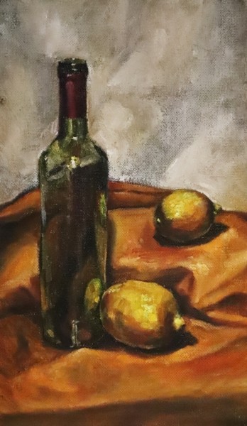 Malerei mit dem Titel "Lemon and bottle" von Khrisbalu, Original-Kunstwerk, Öl