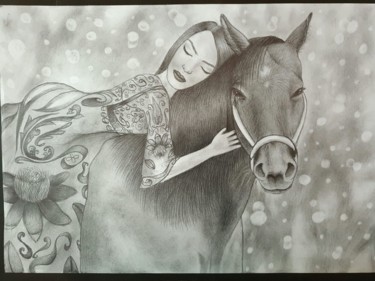 Картина под названием "Девушка на лошади" - Diana Gorbenko, Подлинное произведение искусства, Серебряный карандаш
