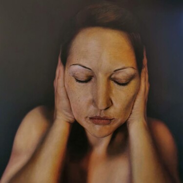 Schilderij getiteld "Hear No Evil" door Kiara Peelman, Origineel Kunstwerk, Olie Gemonteerd op Frame voor houten brancard