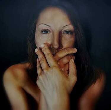 Schilderij getiteld "Speak No Evil" door Kiara Peelman, Origineel Kunstwerk, Olie Gemonteerd op Frame voor houten brancard