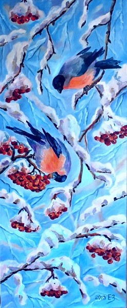 Painting titled "Red-breasted winter" by Elena Zorina, Original Artwork, Oil