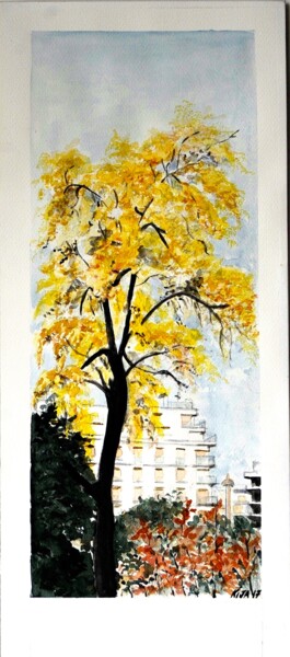 Peinture intitulée "L'arbre jaune" par Kija, Œuvre d'art originale, Aquarelle