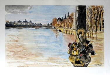 Painting titled "Les cadenas du pont…" by Kija, Original Artwork, Watercolor